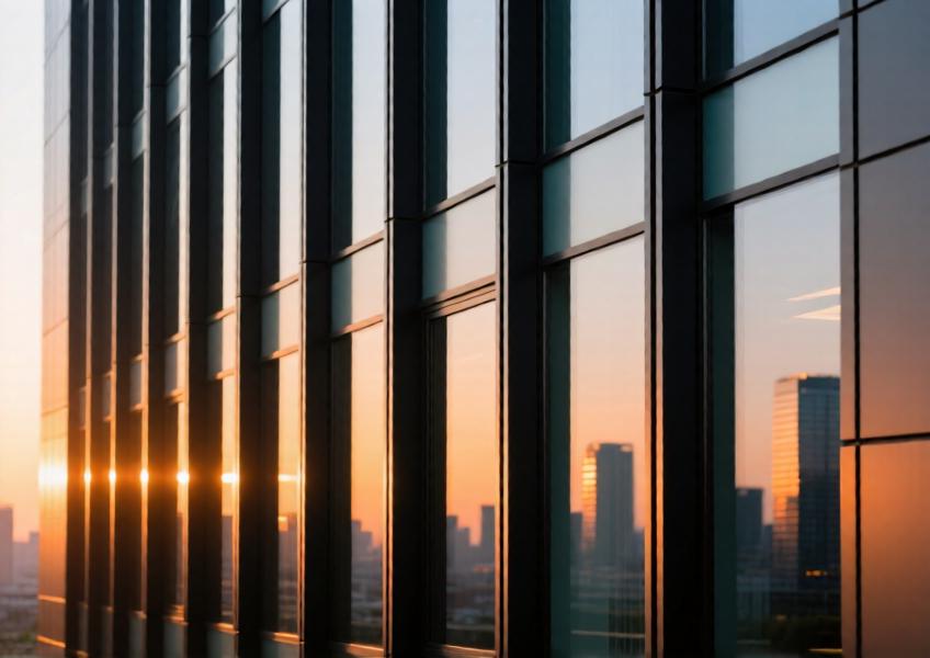 Golden hour close-up of a commercial building's aluminum curtain wall with matte black aluminum mullions and energy-efficient glazing.