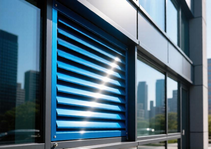 Close-up of vibrant anodized blue aluminum louvers as solar shading on a commercial facade
