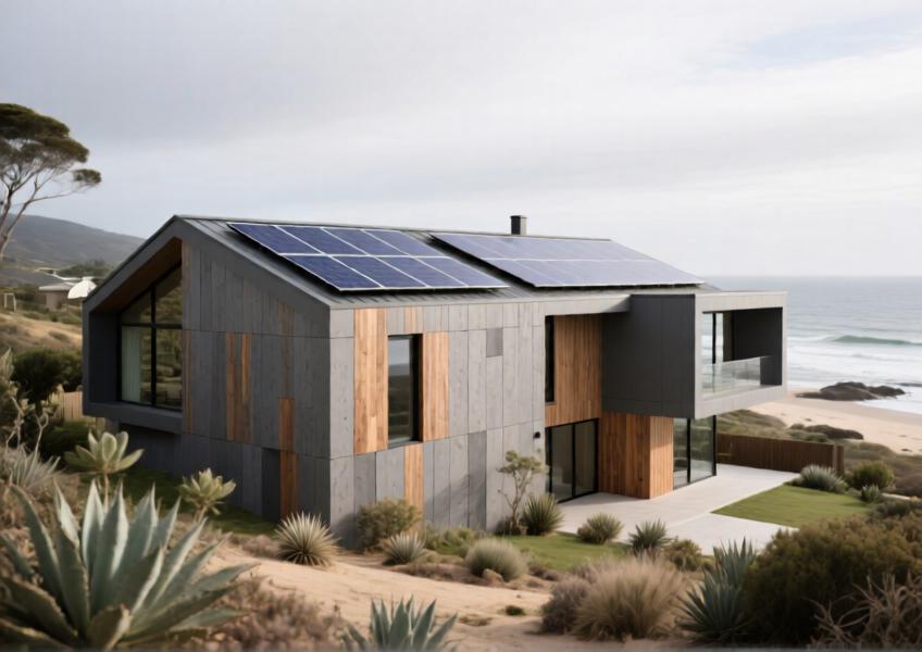 Eco-conscious luxury residence with recycled composite cladding and solar-integrated panels in a coastal environment.