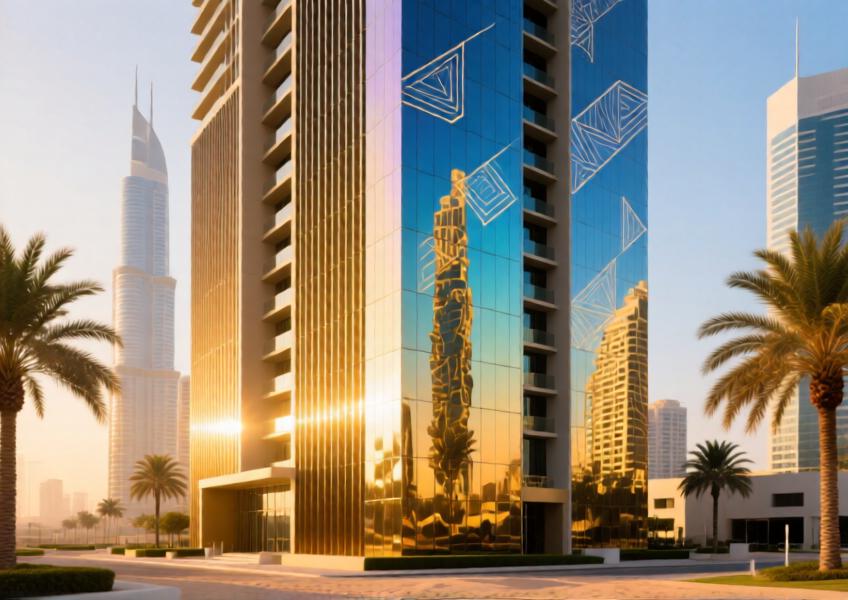 Dubai apartment complex with a color-shifting iridescent aluminium facade responding dynamically to changing daylight conditions.