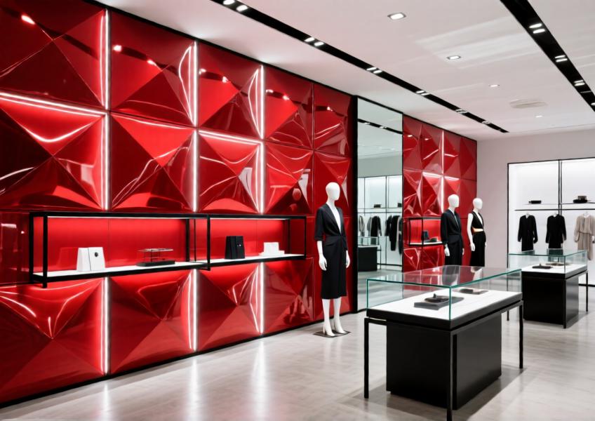 Futuristic retail environment with glossy red aluminum wall panels used for brand-centric visual impact.
