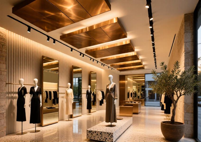 Luxury retail space with recycled bronze-finish aluminium ceiling panels blending sustainability, acoustics, and high-end aesthetics