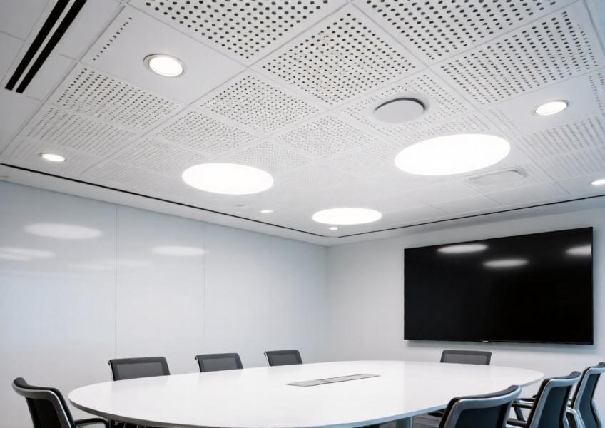 Close-up of a matte white perforated aluminum ceiling panel in a modern office, emphasizing acoustic function and design precision.