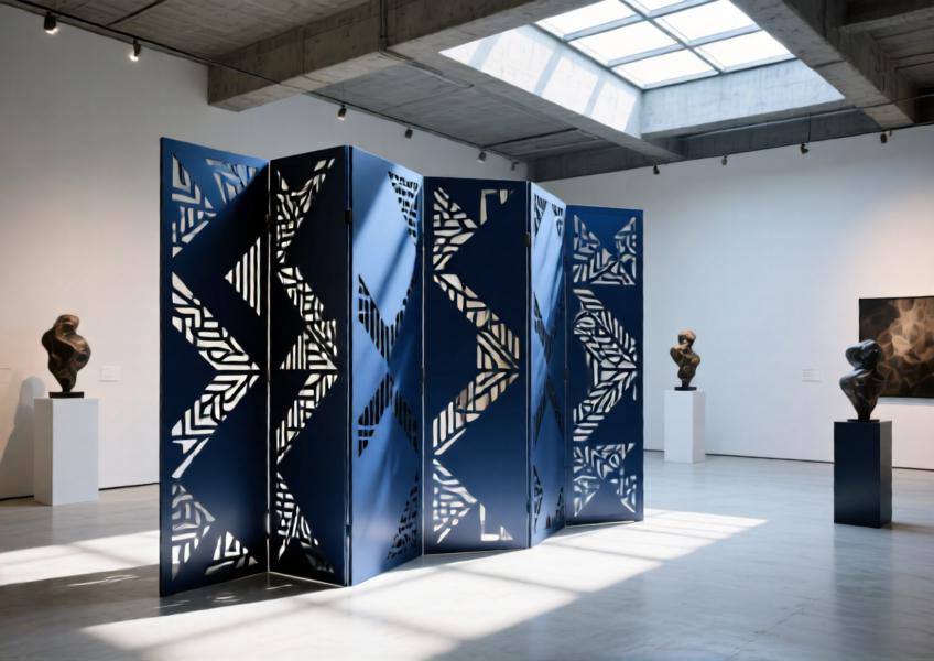 Luxury art gallery with a matte navy blue laser-cut aluminum room divider casting intricate light patterns.