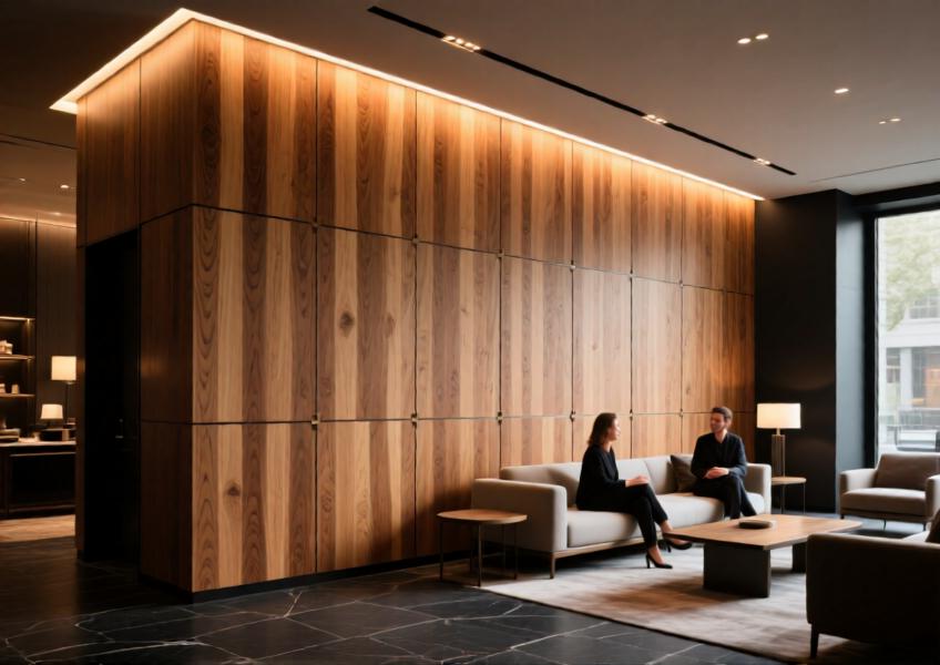 Interior feature wall using premium wood-clad panels in a high-end hospitality setting, highlighting warmth, texture, and acoustic functionality.