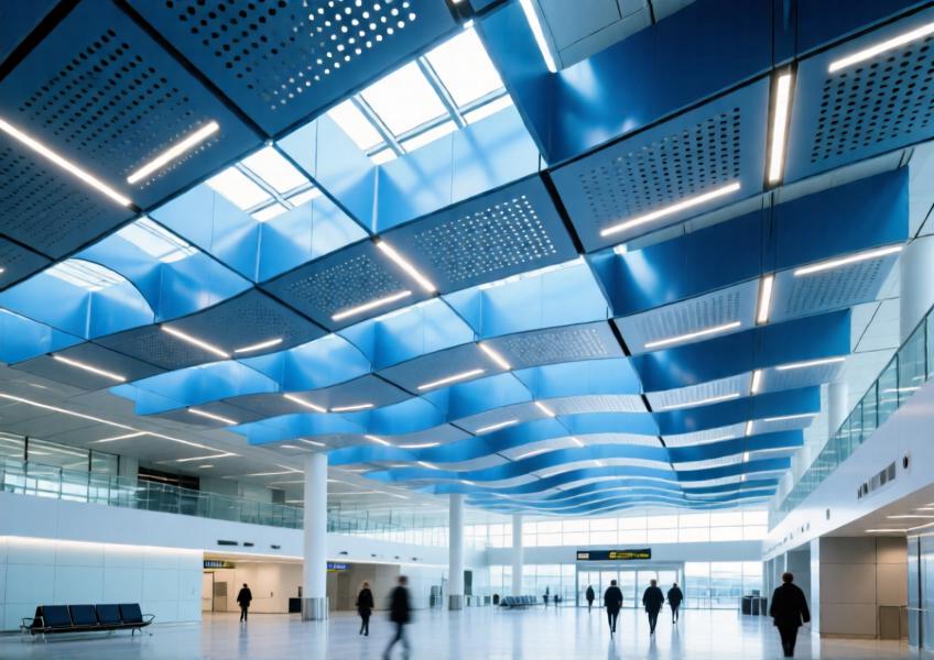 Modern airport interior with an anodized blue perforated aluminum ceiling under natural and artificial lighting
