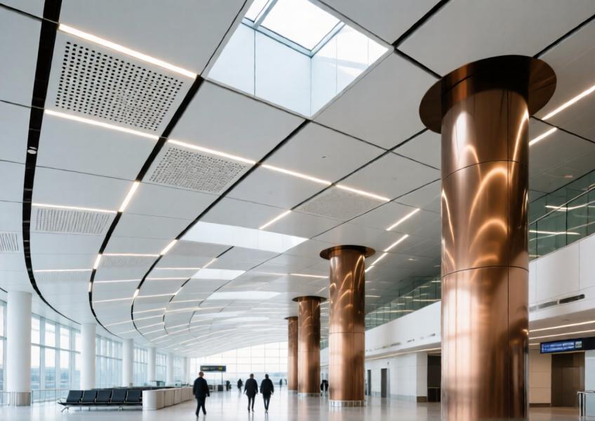 Airport interior with perforated matte white and anodized bronze aluminum ceiling and column covers under natural skylight.