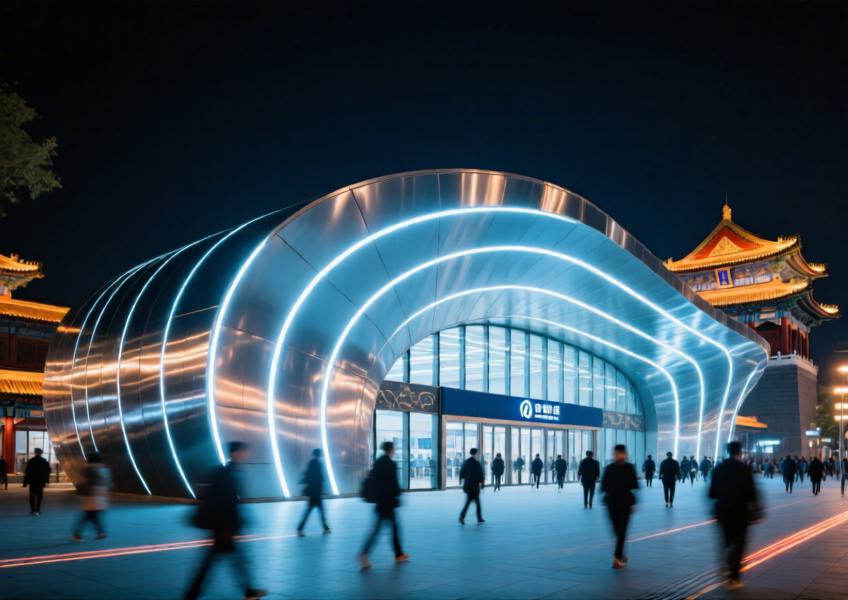 Beijing metro station transformed by a luminous curved aluminium facade with integrated LEDs, blending modern technology with urban identity.