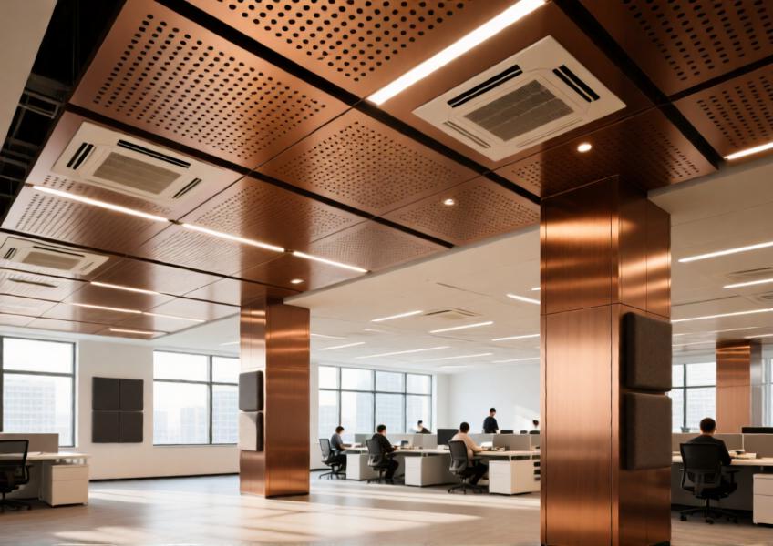 Commercial interior with bronze anodized perforated aluminum ceiling and column cladding in a Beijing office, blending aesthetics and acoustic functionality.