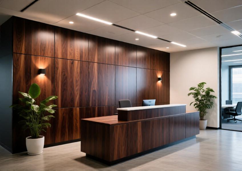 Corporate office lobby with deep walnut-colored aluminum wood look wall panels as a feature wall, combining natural aesthetics with modern commercial design.