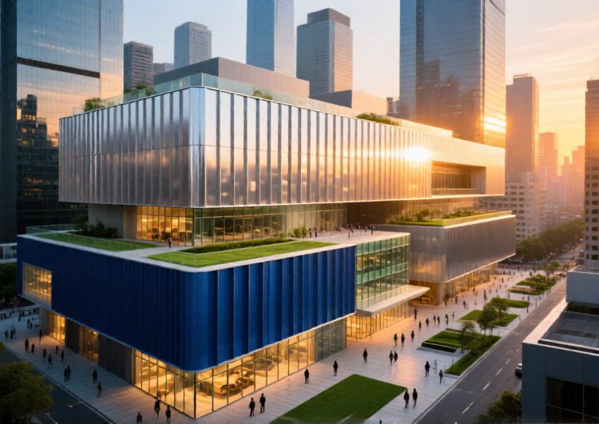 Luxury commercial facade with layered aluminum cladding in silver and blue finishes at sunset.