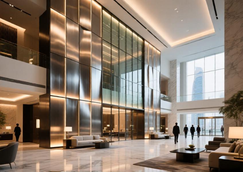A dramatic interior feature wall in a Dubai hotel combines brushed aluminium and backlit glass for visual impact.