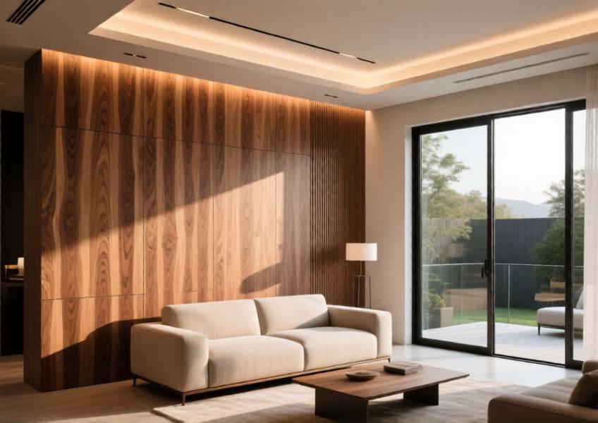 Interior scene of a living room with wood veneer cladding as a focal point, combining elegance, ambient lighting, and seamless indoor-outdoor integration.