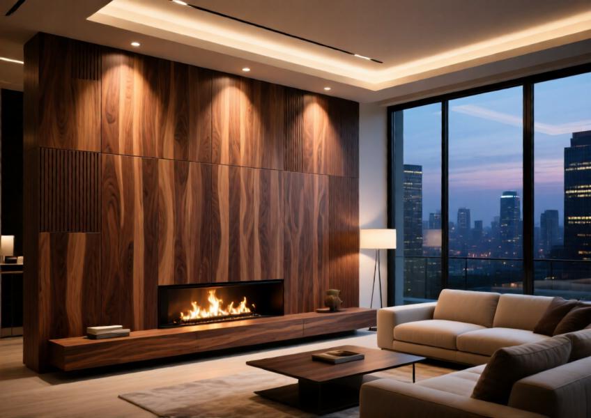 Interior design application of wood veneer architectural wall panels in a high-end residential space, highlighting aesthetic warmth and spatial refinement.