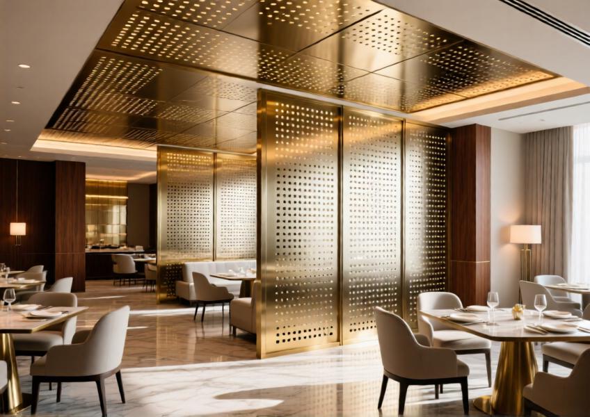A commercial interior space highlighting the functional and decorative use of perforated aluminium cladding for light diffusion and modern design.