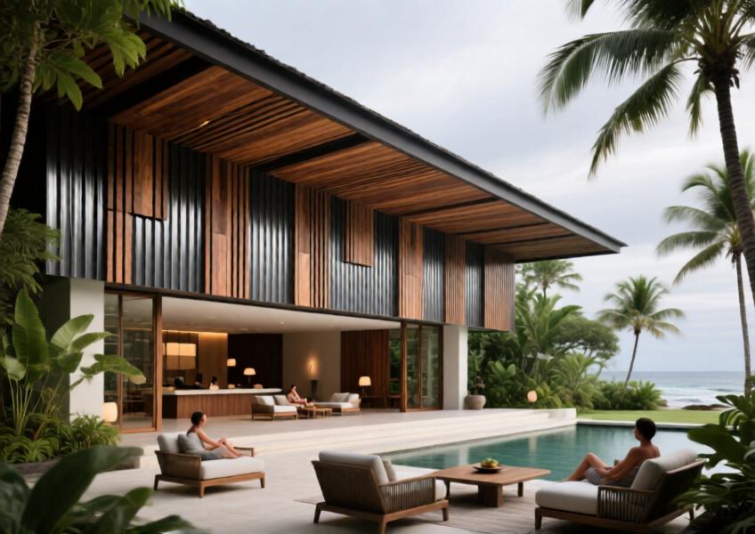 Coastal resort lobby with weathered oak-colored wood look aluminum panels used in exterior canopies and walls, combining tropical design with long-term durability in a humid climate.