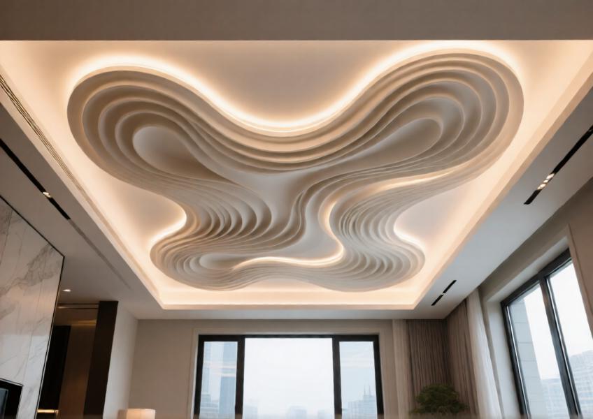 Interior shot of a bespoke 3D-printed ceiling installation mimicking flowing water, enhancing a modern residential space with organic elegance.
