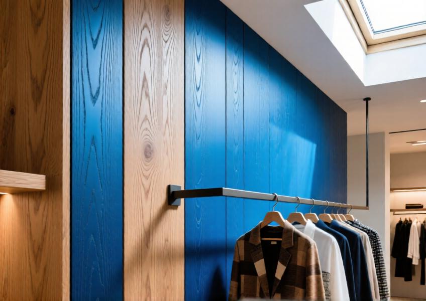 Close-up of anodized blue aluminum wood effect cladding in a retail environment, displaying realistic wood grain and advanced material finish under natural light.