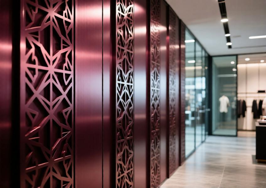 Close-up of burgundy powder-coated decorative aluminum wall panels with geometric patterns