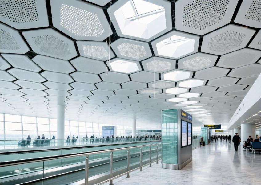 Airport terminal with expansive matte white perforated aluminum ceiling in a hexagonal pattern