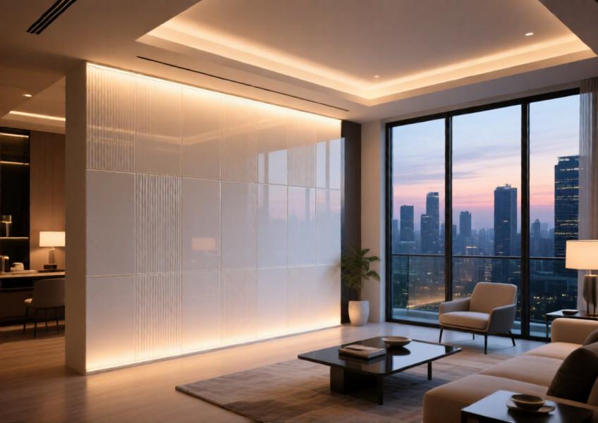 Luxury interior space highlighting the artistic and atmospheric potential of backlit porcelain cladding panels in high-end residential design.
