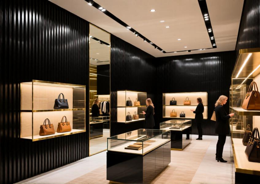 Matte black aluminum wall cladding enhances the modern aesthetic of a high-end retail interior with warm lighting and premium finishes.