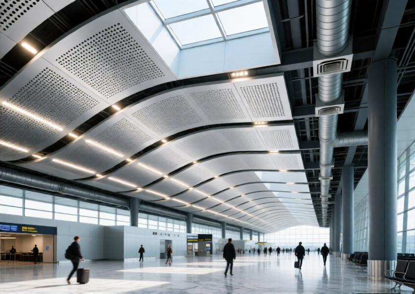 Airport terminal with perforated brushed silver aluminium acoustic ceiling and integrated lighting.