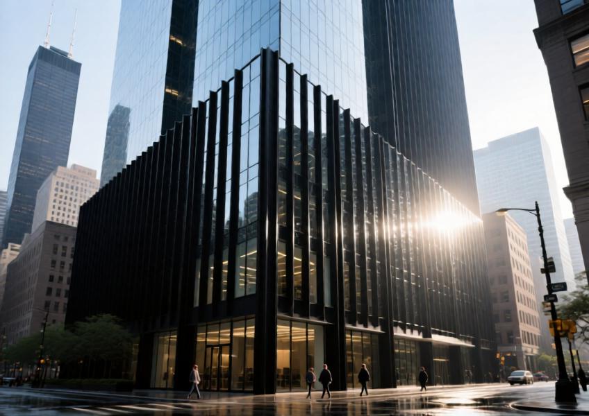 Matte black aluminum curtain wall with thermal breaks on a Chicago office building, emphasizing energy efficiency and modern aesthetics.