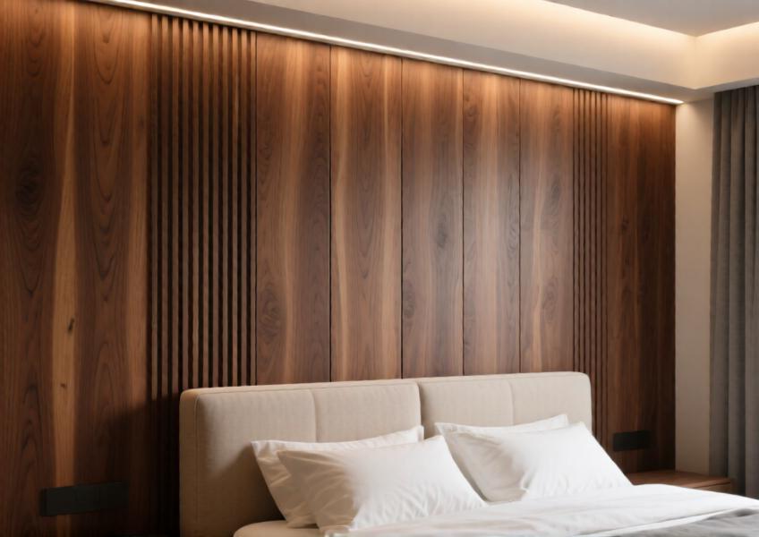 Warm walnut 3D wall paneling in a serene master bedroom, emphasizing texture, depth, and natural material authenticity.