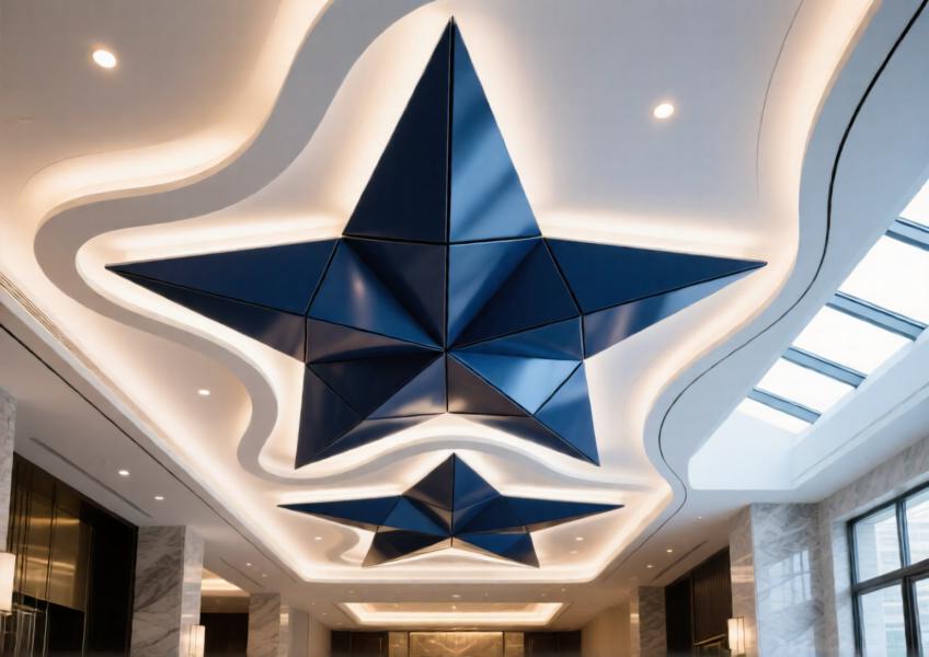 Grand hotel lobby ceiling with faceted navy blue powder-coated aluminium panels forming a 3D geometric design, illuminated by ambient and recessed lighting.