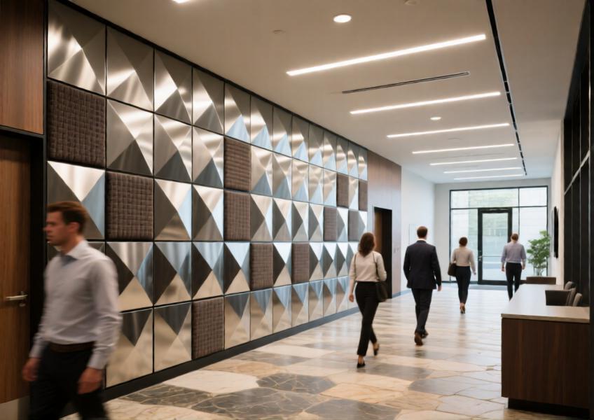 Public interior space highlighting sustainable wall cladding solutions that merge aesthetics, acoustics, and environmental responsibility.