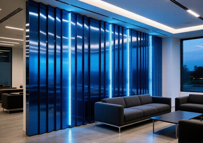 Luxury corporate lounge with anodized blue aluminum feature wall accented with integrated LED lighting.