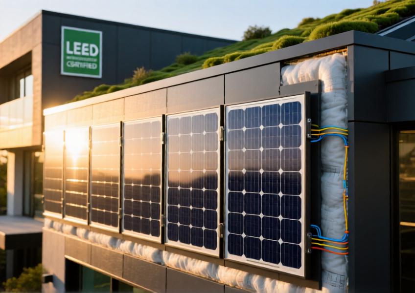 A detailed view of a sustainable facade panel with built-in solar technology, showcasing advanced performance features for green building certification.