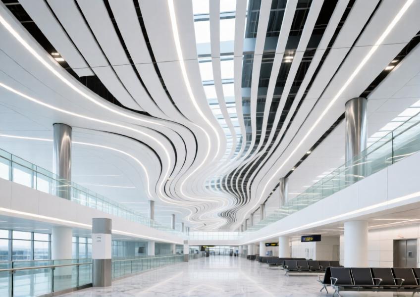Airport terminal with white powder-coated aluminum ceiling panels in a wave pattern, combining aesthetics and functionality.