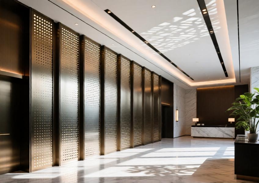 Commercial interior scene showing perforated aluminum cladding enhancing spatial depth and visual interest in a high-end hotel lobby.
