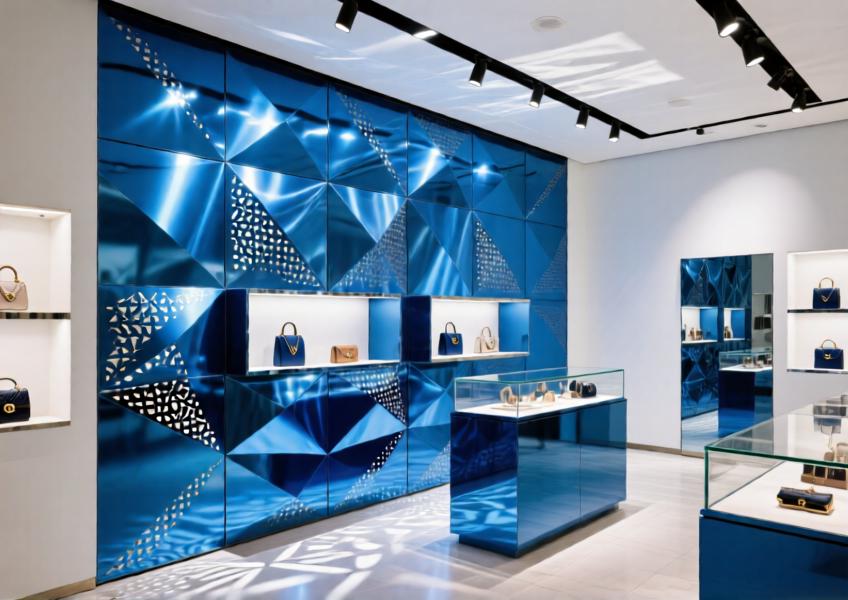 Luxury retail space with anodized blue laser-cut aluminum decorative wall panels