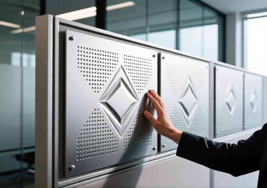 Detailed interior scene showing textured aluminium panels used for acoustic and aesthetic enhancement in office design.