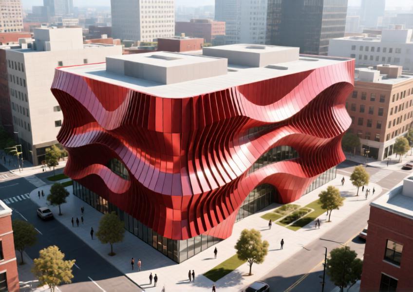 Aerial view of a parametric façade with curved red powder-coated aluminium cladding