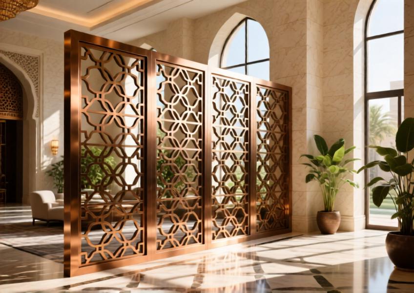 Luxury hotel with anodized bronze aluminum partition wall featuring laser-cut geometric patterns and rich, warm lighting.