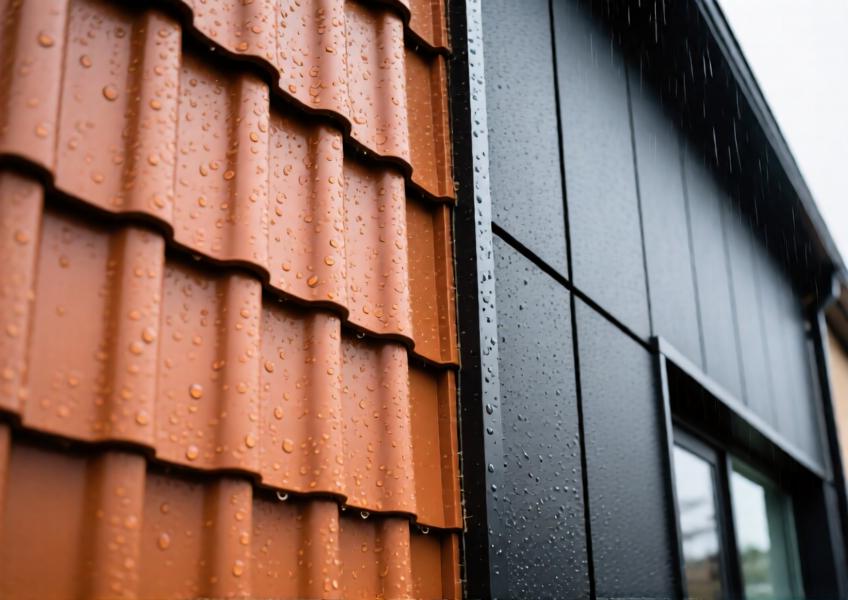 Detailed view of terracotta and fiber cement cladding with realistic texture and weather effects.