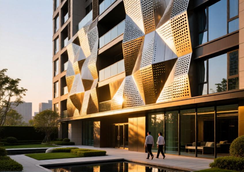 An artistic yet realistic view of a high-end residential building using decorative aluminium cladding, highlighting design versatility and interplay of light and shadow.
