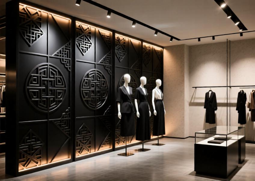 Matte black laser-cut aluminum decorative panels in a high-end retail environment, blending cultural artistry with modern architecture.