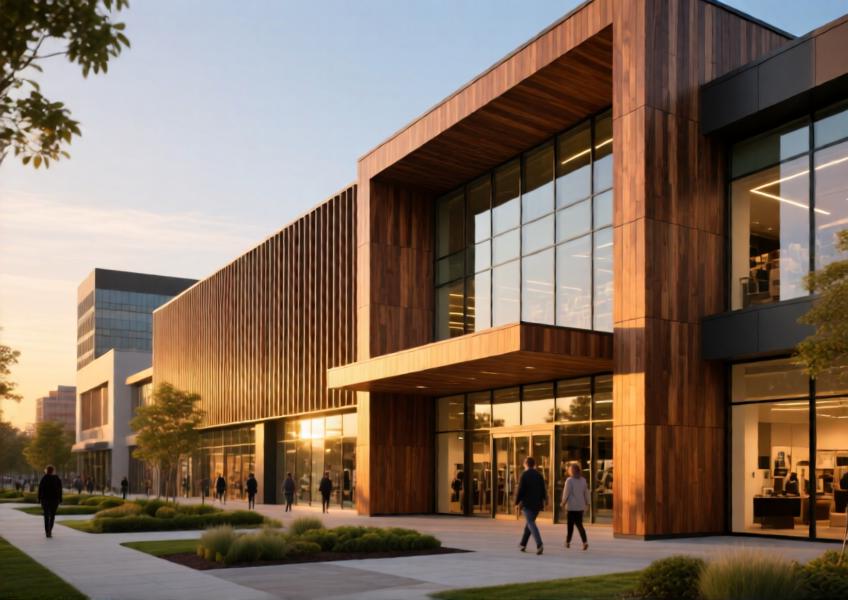 Modern shopping center with wood effect aluminum cladding on curtain walls, creating a cohesive biophilic facade.