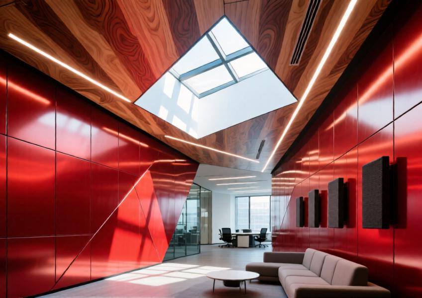 Contemporary office atrium with red aluminum walls and wood-mimic digital print ceiling panels.