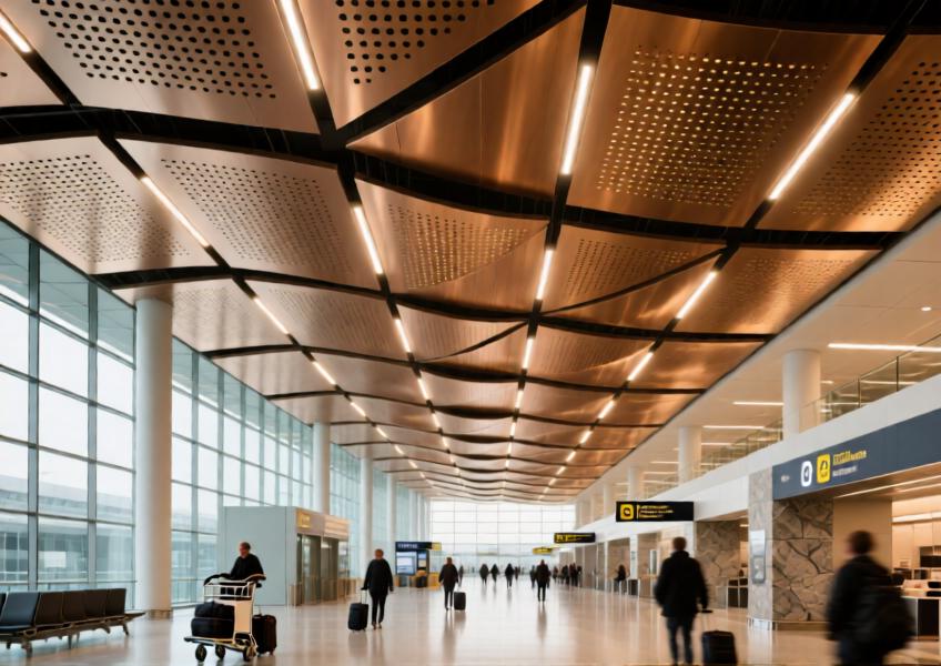 Airport terminal with warm anodized bronze perforated aluminum ceiling for acoustic and aesthetic performance.