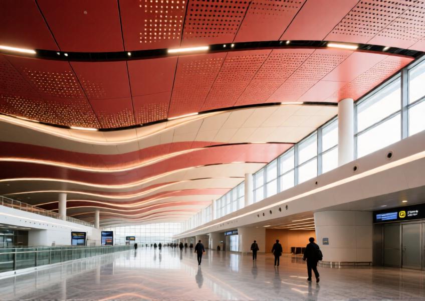Interior of a modern airport with terracotta-red perforated metal ceiling panels providing acoustic control and visual flow.