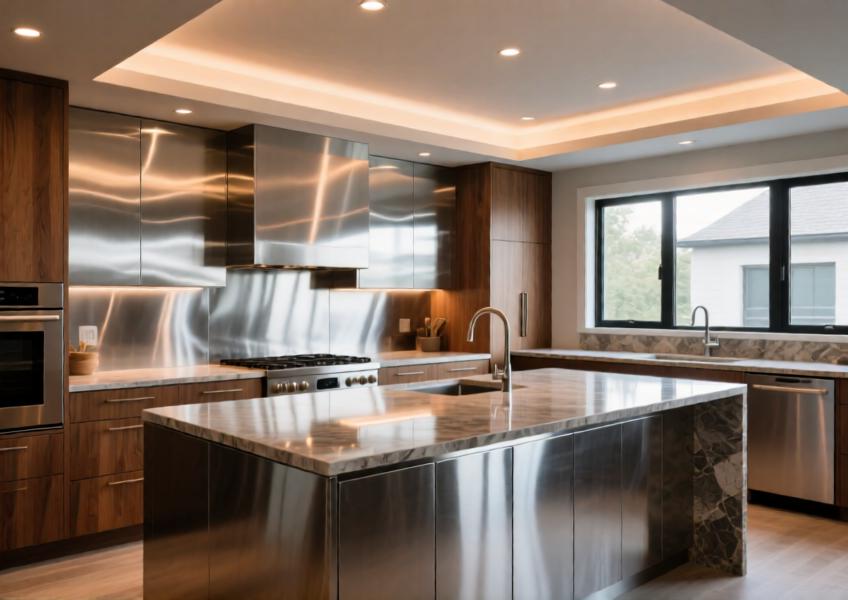 Interior application of aluminium wall cladding in a high-end home kitchen as a stylish and functional design element.