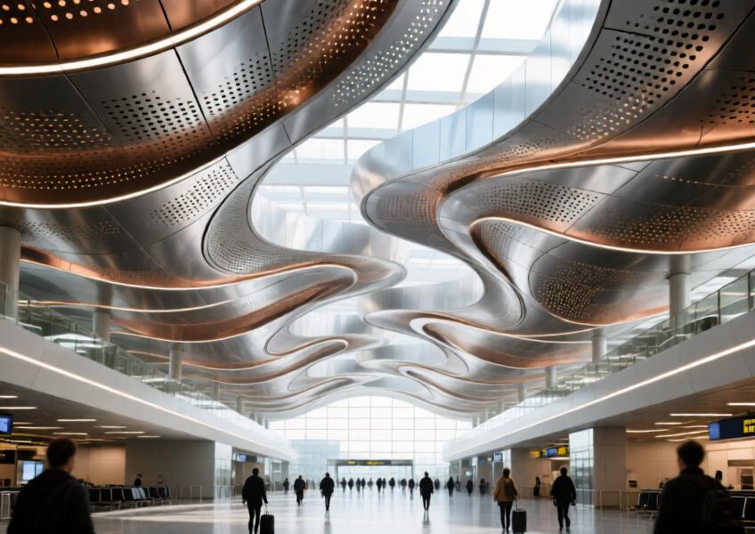 Brushed silver aluminum ceiling with bronze tint in a sweeping wave design at a major airport terminal