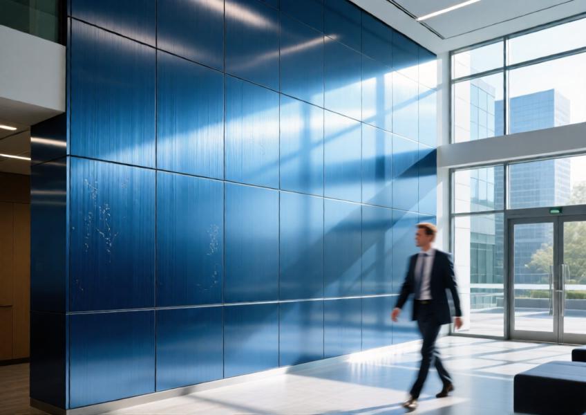 Anodized blue aluminum feature wall in a sunlit corporate lobby with textured finish