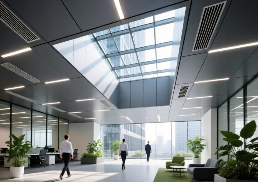 Charcoal grey aluminium ceiling with built-in lighting and ventilation in a daylight-filled office atrium, exemplifying sustainable commercial design.